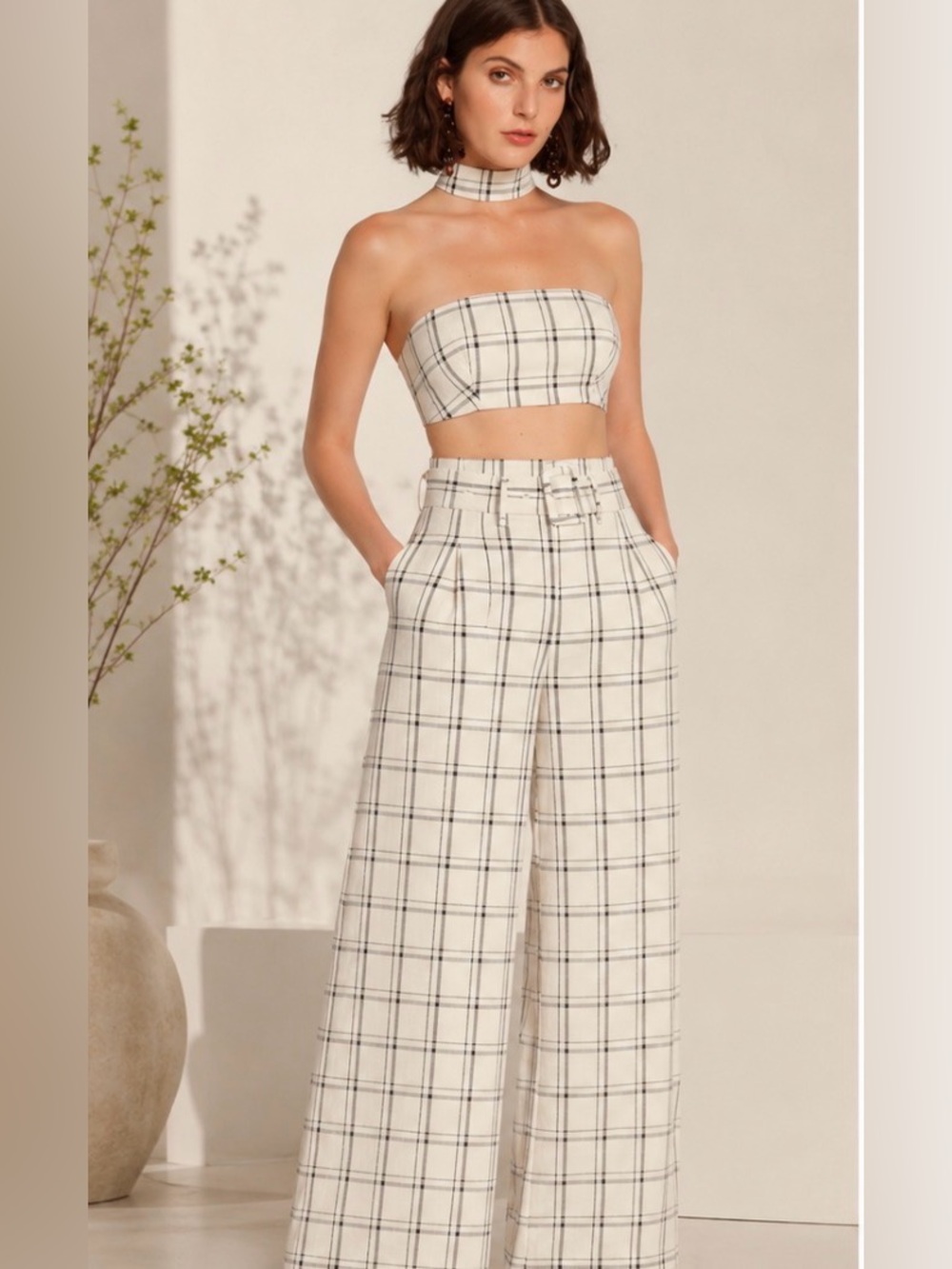 Choosy Plaid Halter Choker Crop Top NEW Size 12 Cream Black Windowpane Open Back